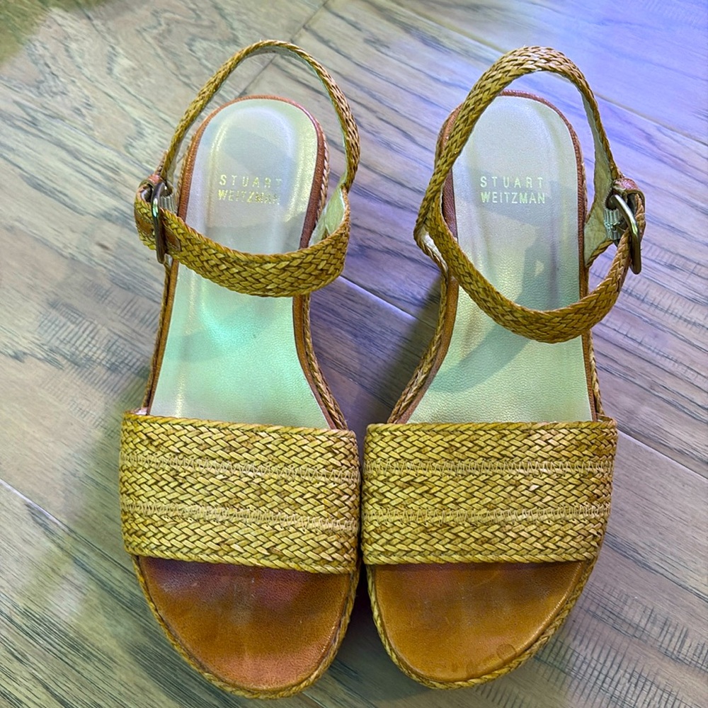 Stuart Weitzman Tan Raffia Ankle Strap Wedges Size 6.5
